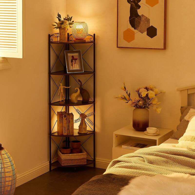 VECELO 5-Tier Corner Bookshelf, Brown Fan-Shaped MDF Shelf with Black Metal Frame Open Storage Organizer for Living Room Bedroom