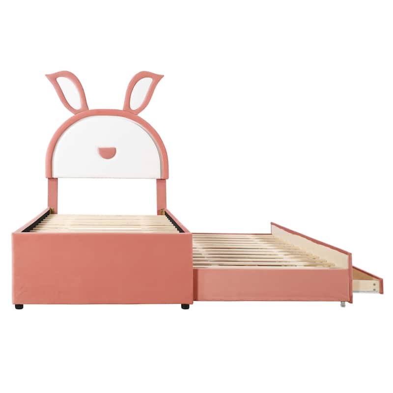 Upholstered Bed with Rabbit Headboard, Trundle & 3 Drawers
