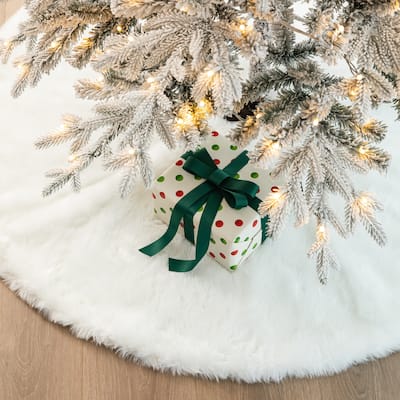 Glitzhome 48"D White Soft Plush Christmas Tree Skirts