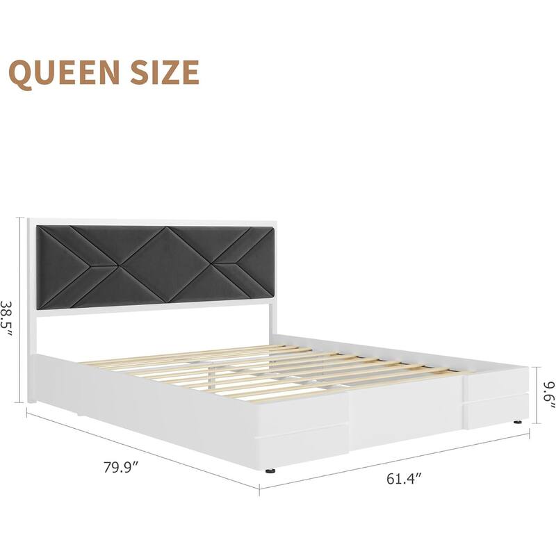 Wooden Bed Frame with Fabric Upholstered Headboard