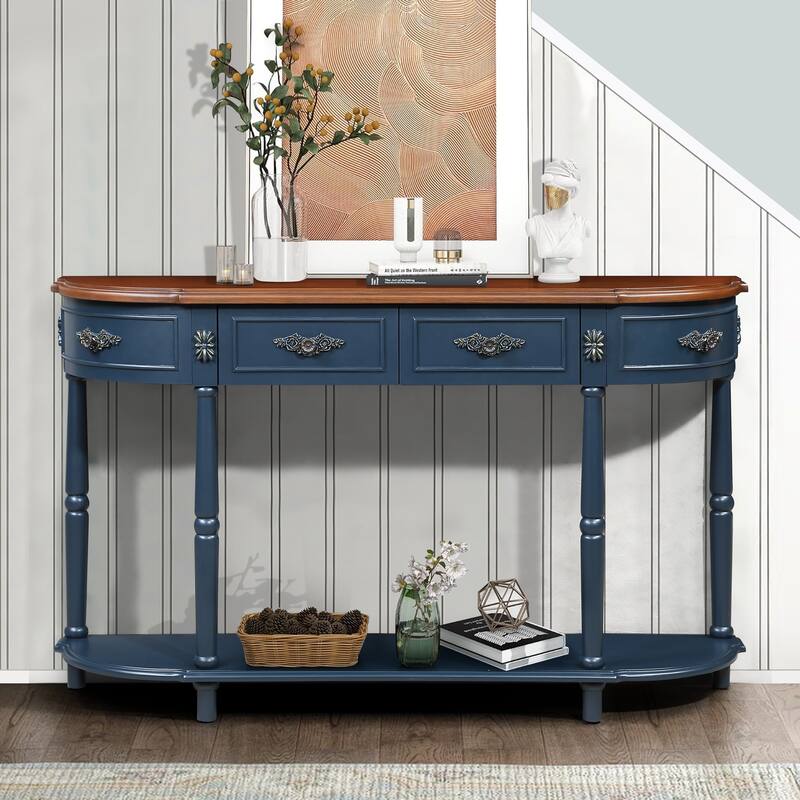 52" Half Moon Sofa Console Table with Open Shelf & 2 Drawers - Navy Blue