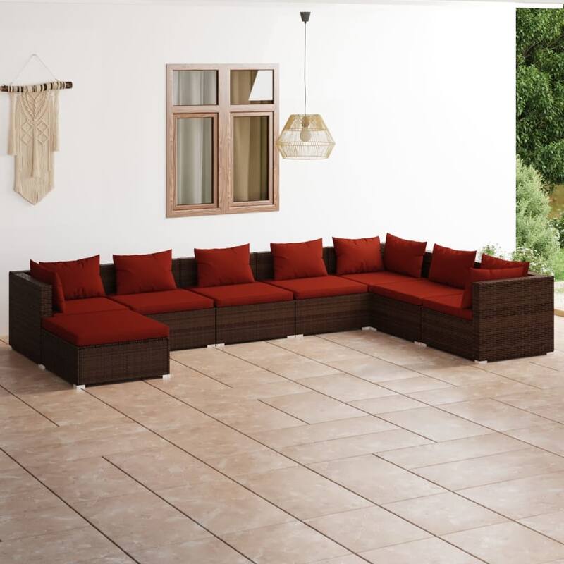 vidaXL 7 Piece Patio Lounge Set with Cushions Poly Rattan Brown - 27.6" x 27.6" x 24" - 27.6" x 27.6" x 24"
