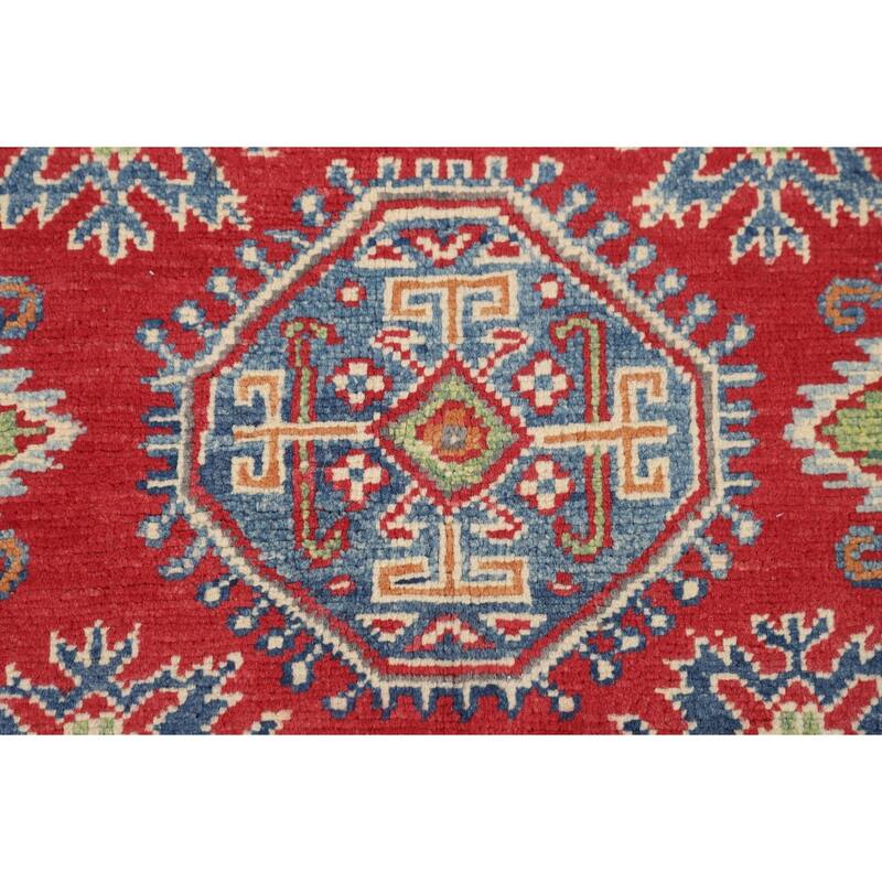 Red Geometric Kazak Area Rug Bedroom Hand-Knotted Wool Carpet - 4'8" x 7'2"
