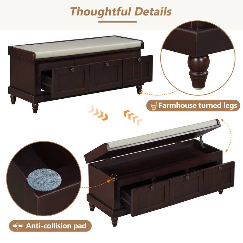 Classic Shoe Bench with Cushion and Three Drawers, Fluted Entryway Bench with Storage for Living Room