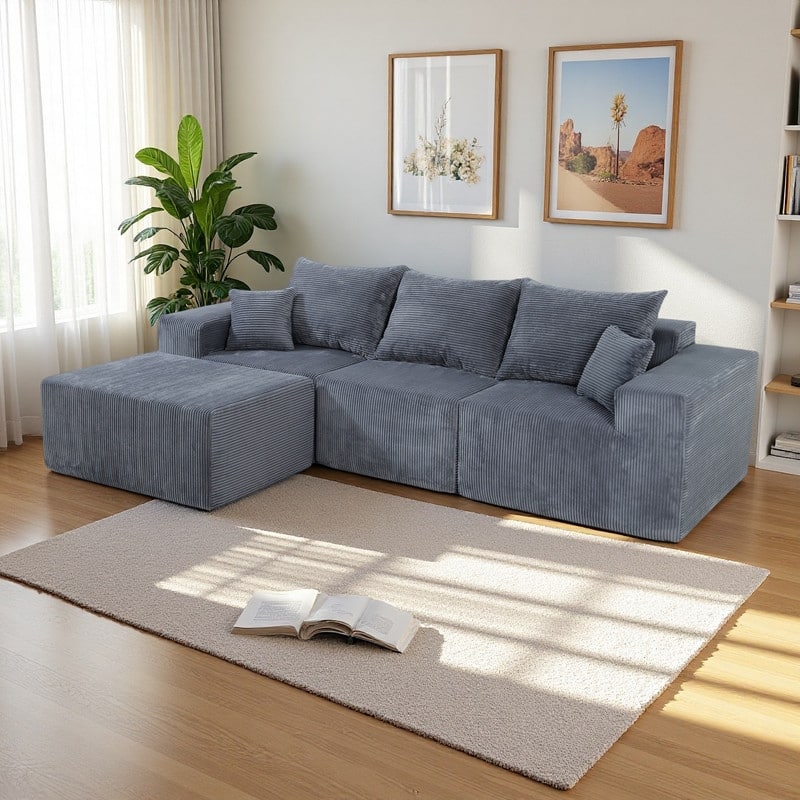 100.79" Corduroy 4-Piece Modular L-Shaped Sectional Sofa with Ottoman Included and No Assembly Needed - Grey