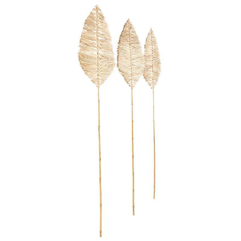 Bamboo Wood Leaf Handmade Tall Tassel Palm Leaf Fan Stick Home Decor Natural Foliage - Set of 3 Light Brown - Roche River Decor