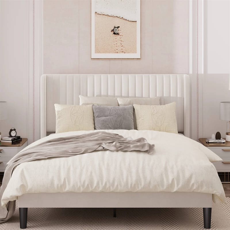 White Velvet Upholstered Platform Bed Frame with Wingback Headboard - White - Full