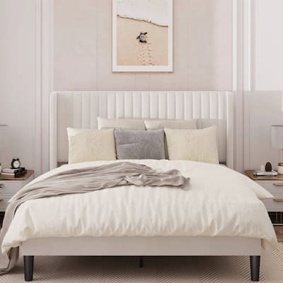 White Velvet Upholstered Platform Bed Frame with Wingback Headboard