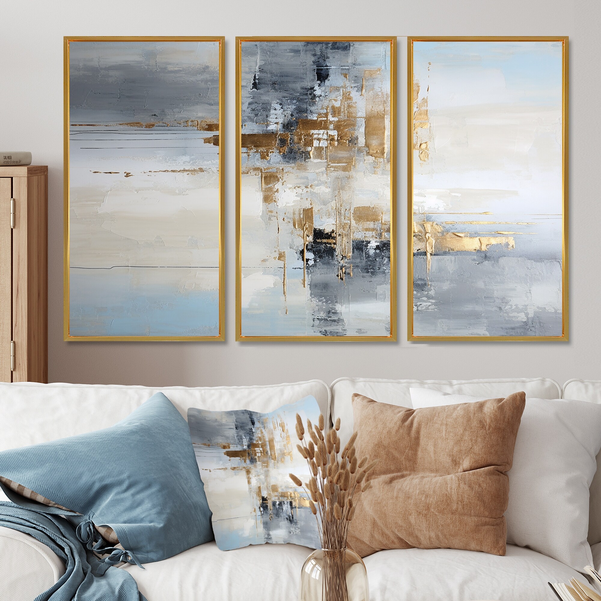 Designart - Gold Memories On Faded Blue - Abstract Painting Wall