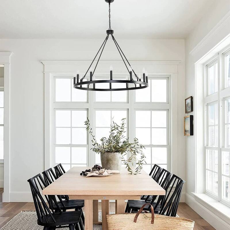 12 Lights Wagon Wheel Chandelier Black Rustic Farmhouse Chandelier - 38IN