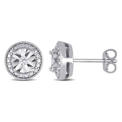 Miadora Sterling Silver Diamond Round Halo Stud Earrings - White H-I