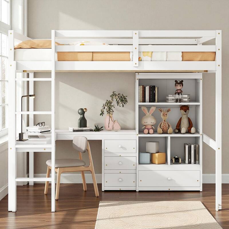 Full Size Loft Bed with Desk, Drawers and Shelves, Solid Pine Wood Frame with Built-in Ladder and Guardrails - White - Full