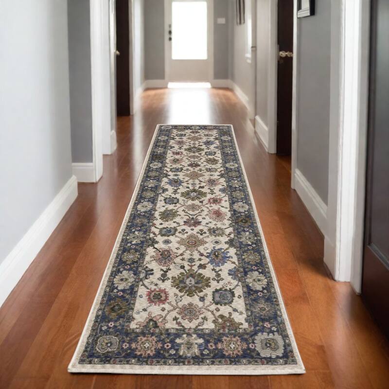 HomeRootsFloral Traditional Runner Area Rug - 92.52' X '26.77' X '0.28 - Blue/Ivory