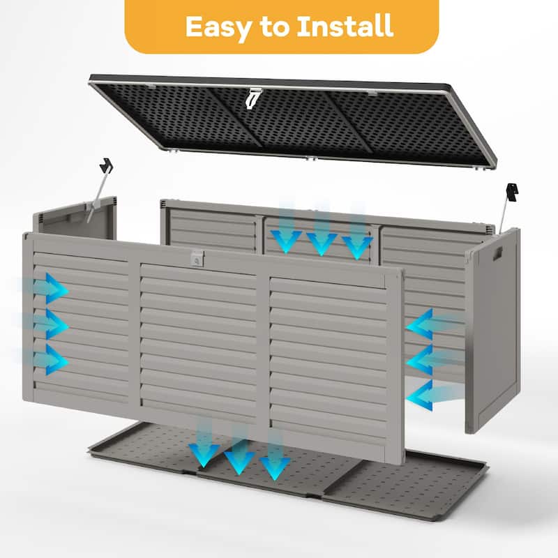 130 Gal. Upgraded Resin Deck Box, Outdoor Storage Box Waterproof with Hydraulic Rod and Side Handle, Lockable