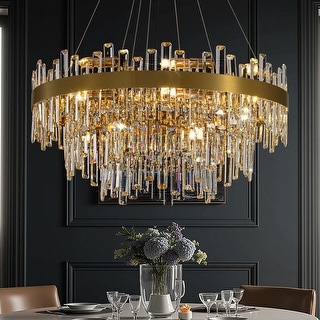 32 in. 3-Tier Modern Crystal Chandelier Brass Gold Round Crystal ...