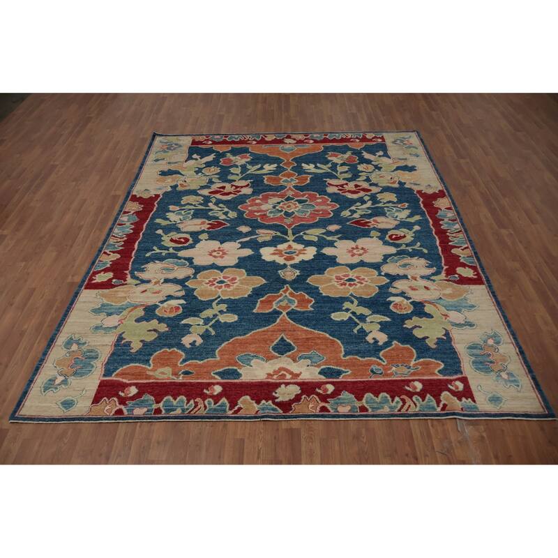 Hand Knotted Oriental 100% Wool Carpet Transitional All-Over Navy Blue & Blues Oushak Area Rug - 9' 10'' X 8' 2''