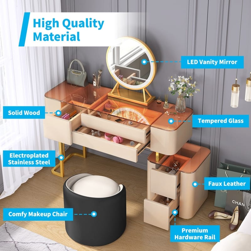 Mixoy Luxury Dressing Table Set with Touch Screen Mirror and Stool,Small Makeup Vanity Table with 5 Drawers Storage