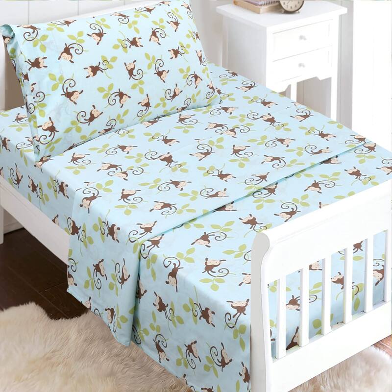 3-Piece Cotton Toddler Sheet Set for Kids Boys & Girls (Animals, Fish, Sports, Floral)