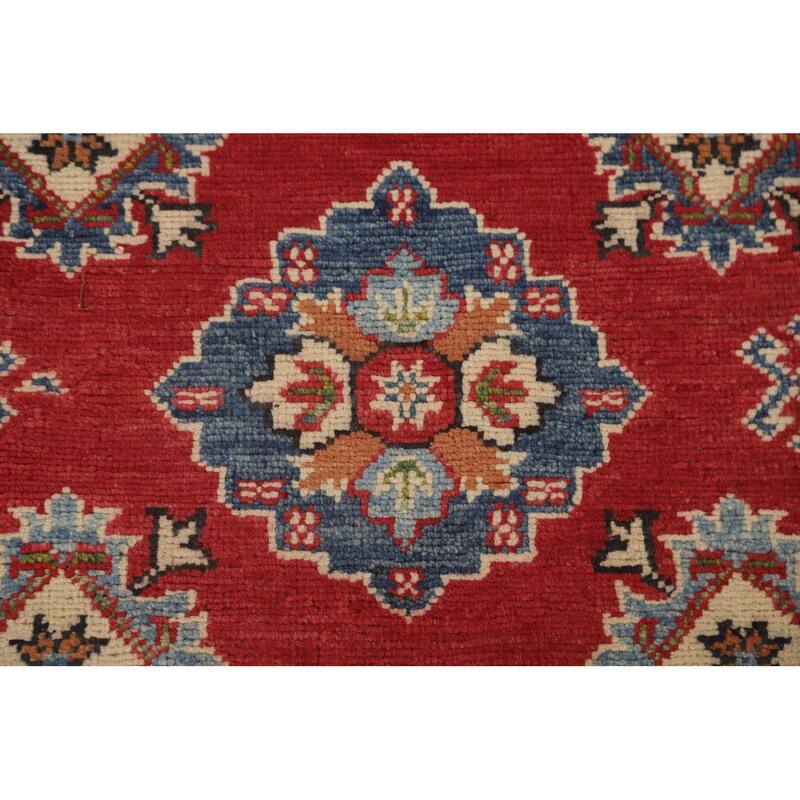 Red Geometric Kazak Area Rug Handmade Wool Carpet - 5'2" x 6'8"