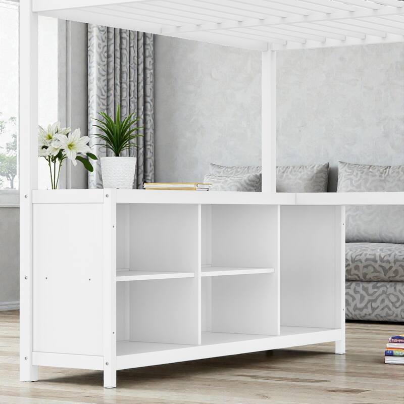 Metal Loft Bed with Wardrobe and L-Shaped Desk, Storage Cubes and Shelves, Space Saving Loft Bed for Teens