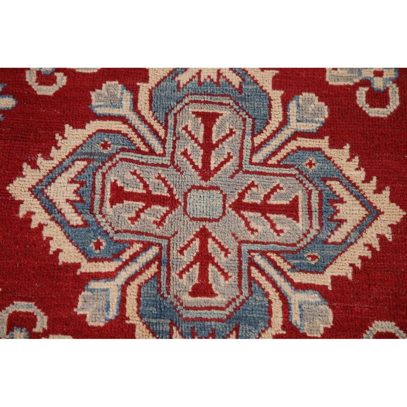 Red Geometric Kazak Living Room Area Rug Hand-Knotted Wool Carpet - 6'7" x 10'1"