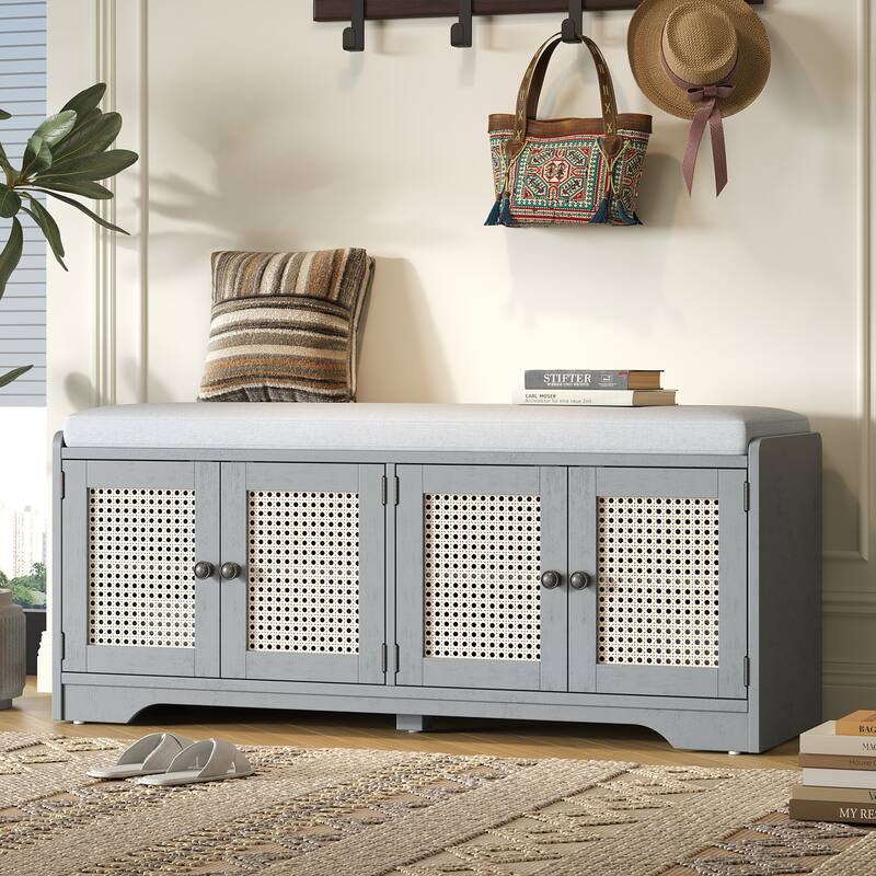 Rustic Storage Bench with Removable Cushion and Woven Rattan Doors