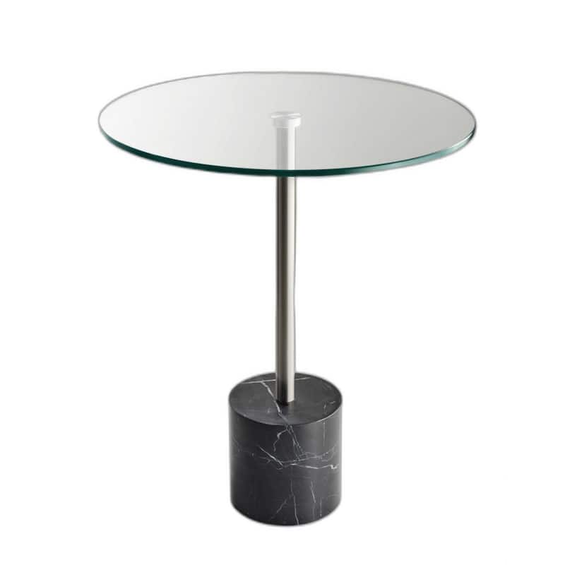 Silver and Clear Round Glass End Table with Faux Marble Base - 17.75” x 17.75” x 21”