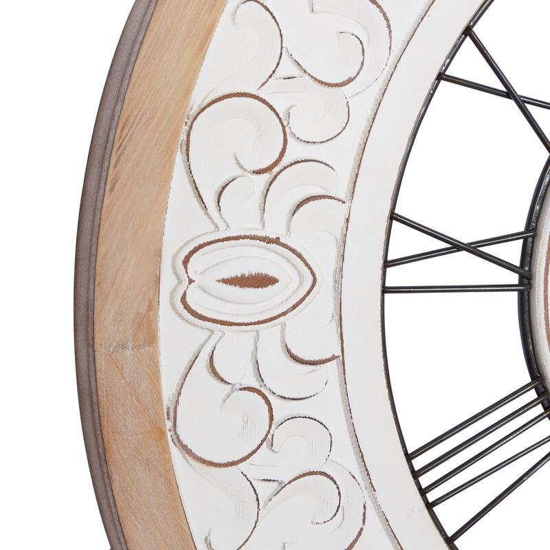 Wooden Floral Carved Wall Clock with Black Metal Accents - White - Roche River Decor - 2"W x 32"L x 32"H