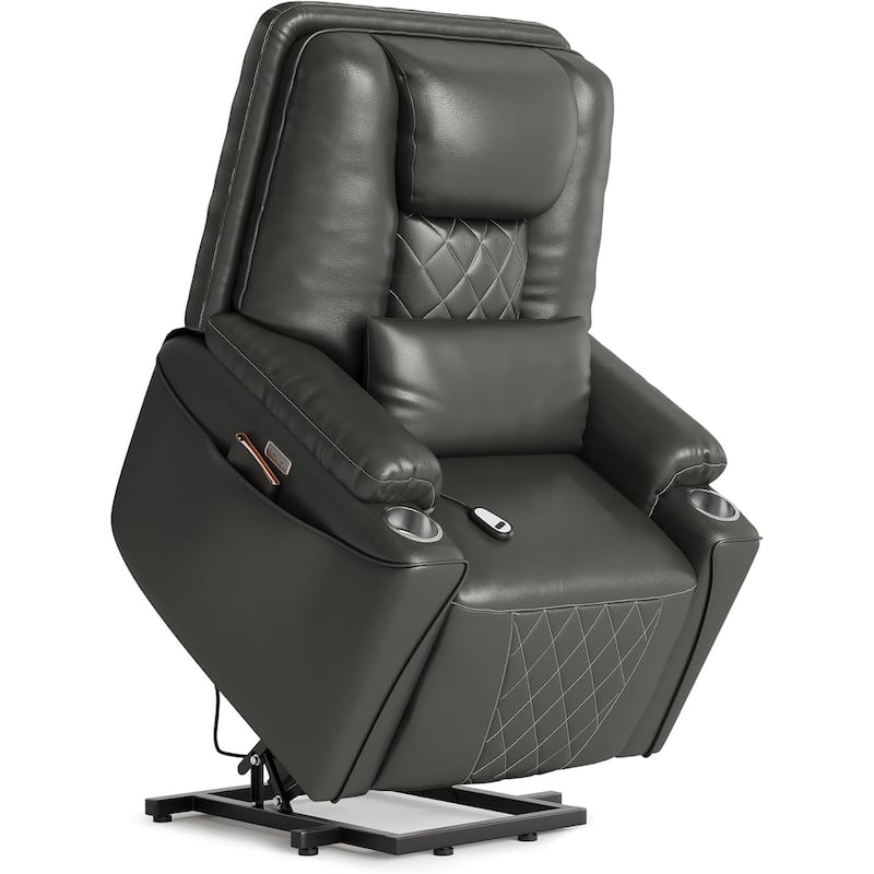 Power Lift Recliner Chair Sofa, PU Leather Reclining with Charging Ports, Cup Holders, Electric Stand Assist - Grey