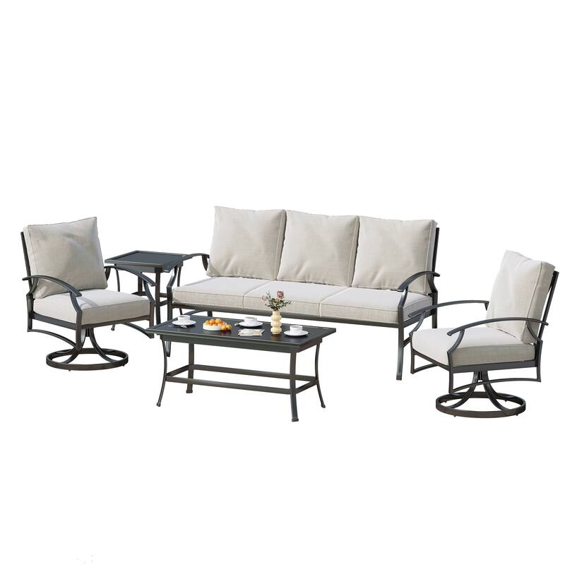 5-Piece Outdoor Patio Metal 74" W Sofa/ Swivel Chair Seating Group