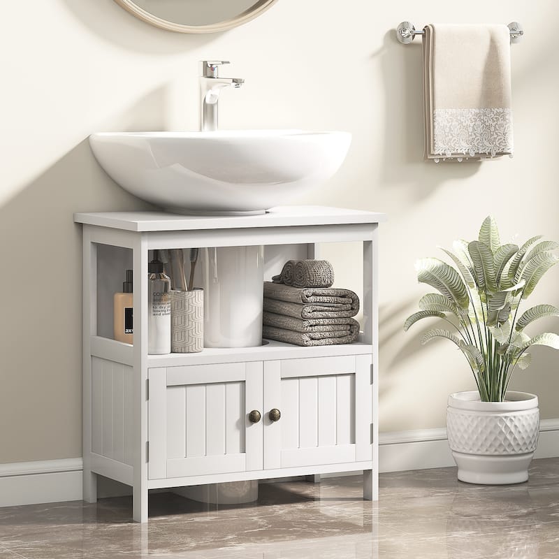 kleankin Pedestal Under Sink Cabinet with Double Doors, Modern Bathroom Vanity Storage Unit with Shelves, White - Wood Finish - Black