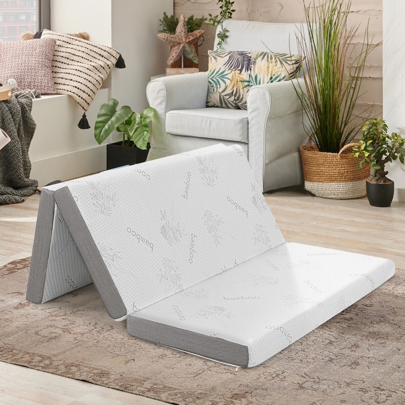 4-Inch White Grey Tri-Fold Design Memory Foam Mattress with Cooling Gel for Home or Travel