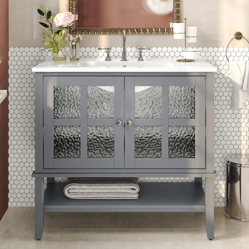 36" Bathroom Vanity with Ceramic Sink, Adjustable Shelf and Open Shelf, Solid Wood Legs, Waterproof Painted Finish - Grey