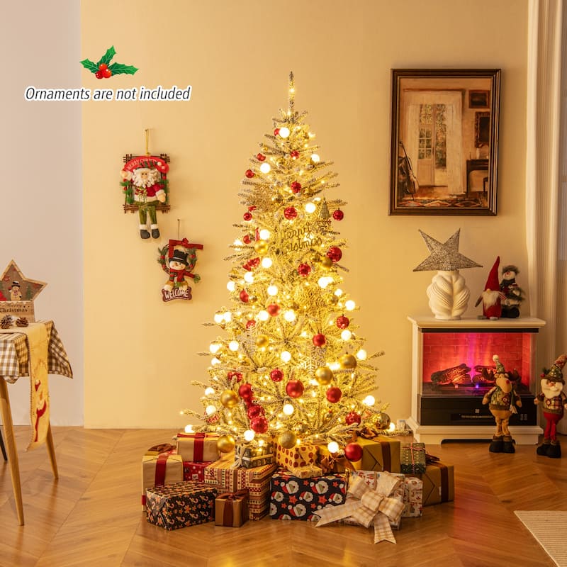 Costway 6/7/8 FT Snow-flocked Artificial Christmas Tree with 51/65/81 - Green & White - See Details