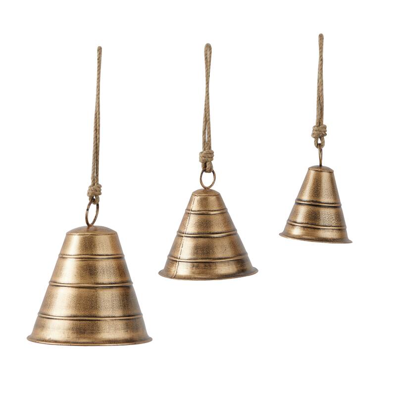 Gray, Red, Black or Bronze Metal Tibetan Inspired Decorative Cow Bell with Jute Hanging Rope (Set of 3)