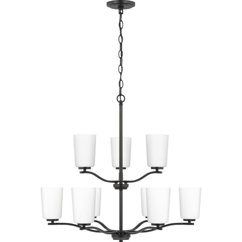 Adley Collection Nine-Light Matte Black Etched White Glass New Traditional Chandelier - 28 in x 28 in x 26.12 in