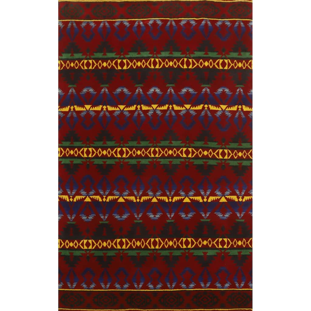 Hand-knotted Tribal Wool Red Geometric Oriental Area Rug - 8' 11'' X 6' 0''