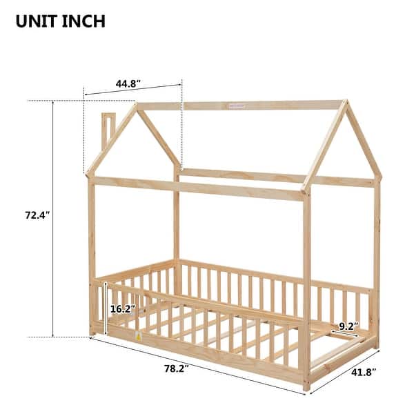 dimension image slide 2 of 3, Twin House Bed with Guardrails, Montessori Floor Bed Frame with Roof for Kids, Wooden House-shaped Kids Bed Frame for Boys Girls