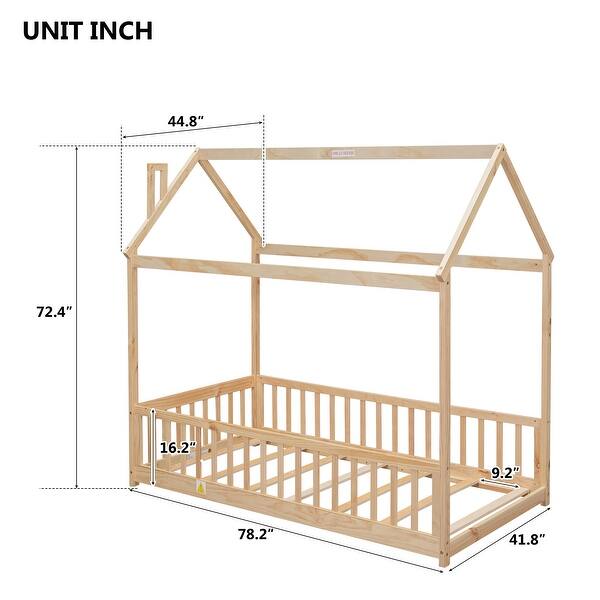Twin Size Pine Wood House Bed Frame with Guardrails & Slats, Natural