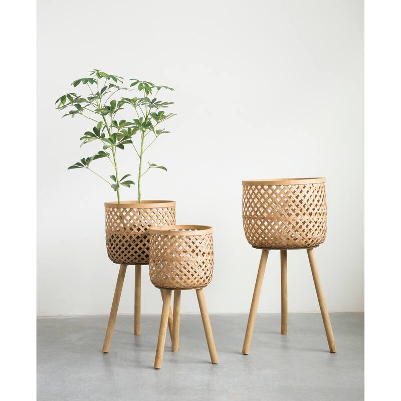Woven Bamboo Floor Baskets with Wood Legs (Set of 3 Sizes)