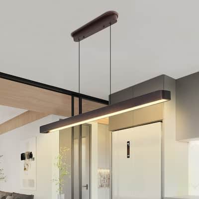 51" Walnut Wood Modern LED Pendant Light, Adjustable Hanging Light