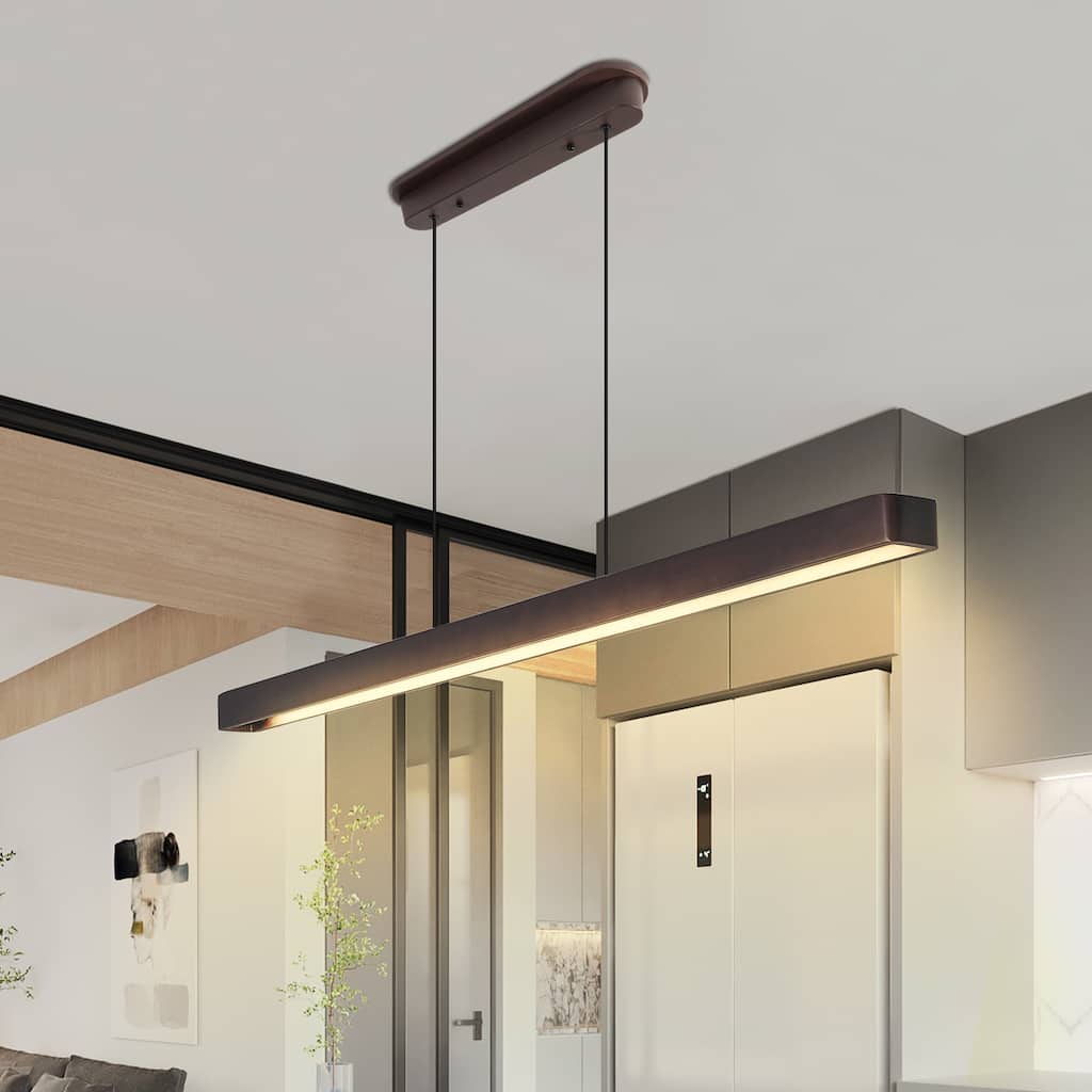 51" Walnut Wood Modern LED Pendant Light, Adjustable Hanging Light