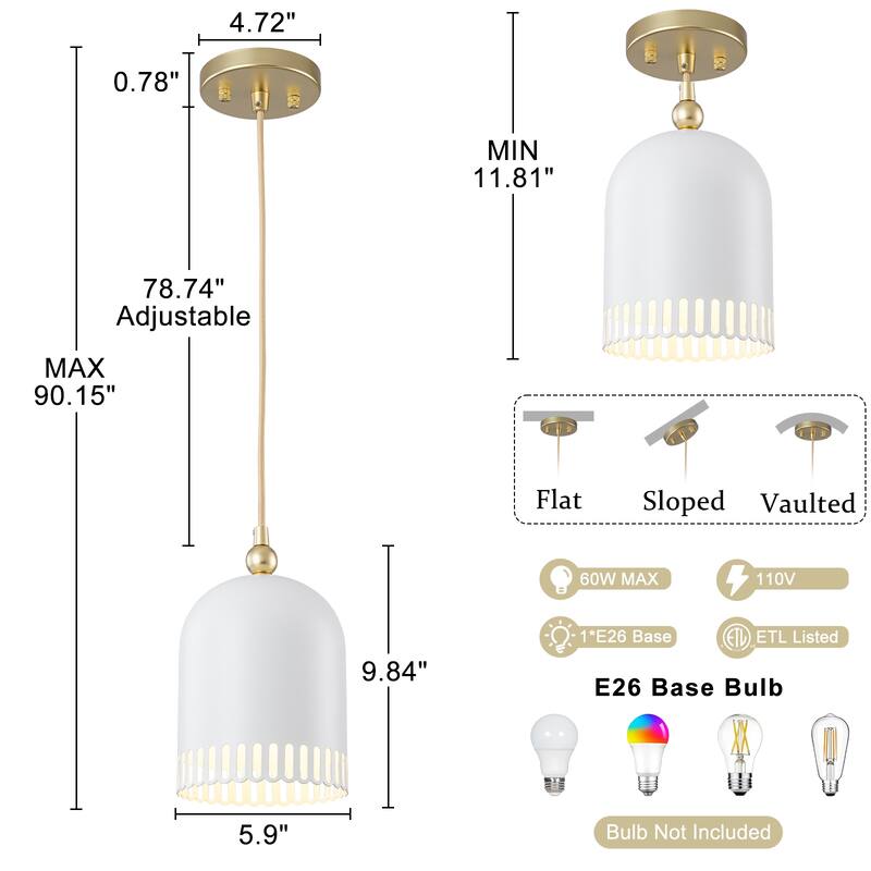 Modern 2-in-1 Dome Pendant or Flush Mount Light Openwork Iron Shade