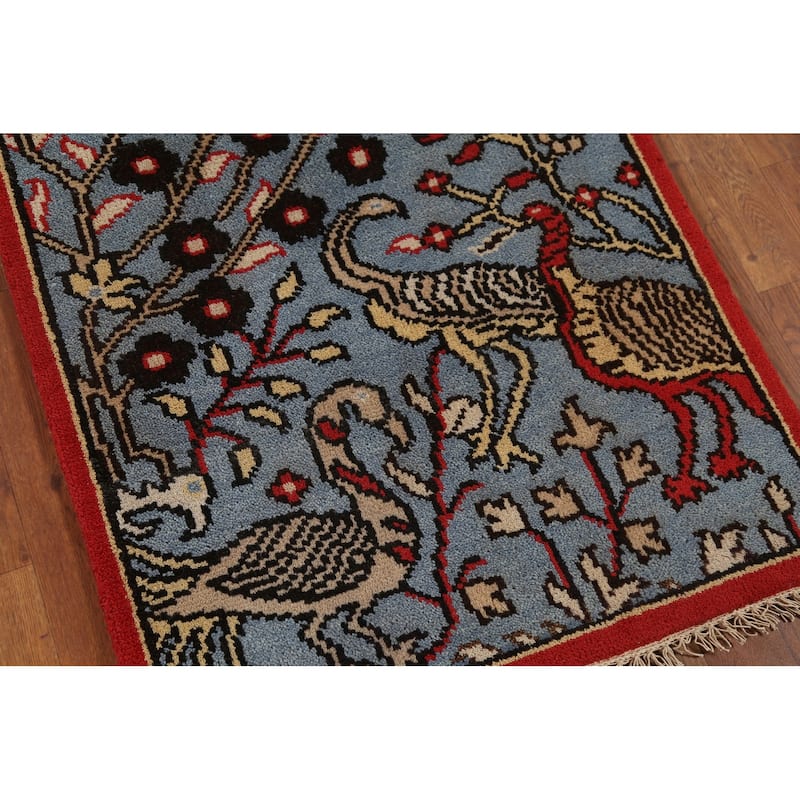 Animal Pictorial Ziegler Indian Runner Rug Handmade Blue Wool Carpet - 2'5"x 8'0"