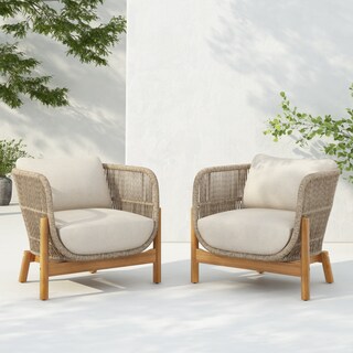 Christopher Knight Home - Acacia Wood Outdoor Club Chairs,Set of 2 with Rope, Aluminum Frame, and Water-Resistant Cushions