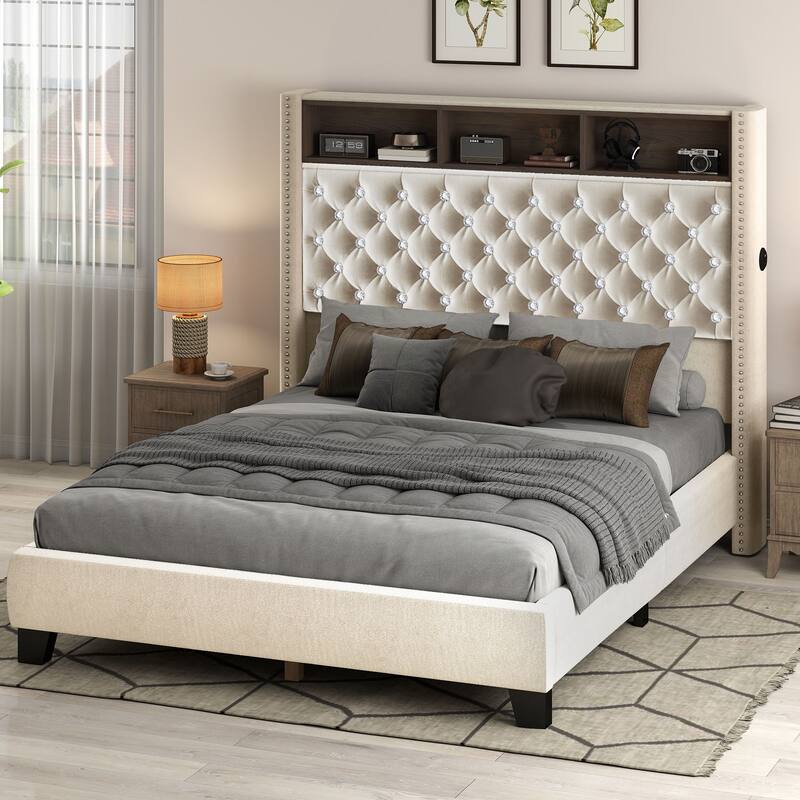 58" Tall Wingback Storage Headboard Bed Frame with USB Charging Stations and Deep Button Tufted