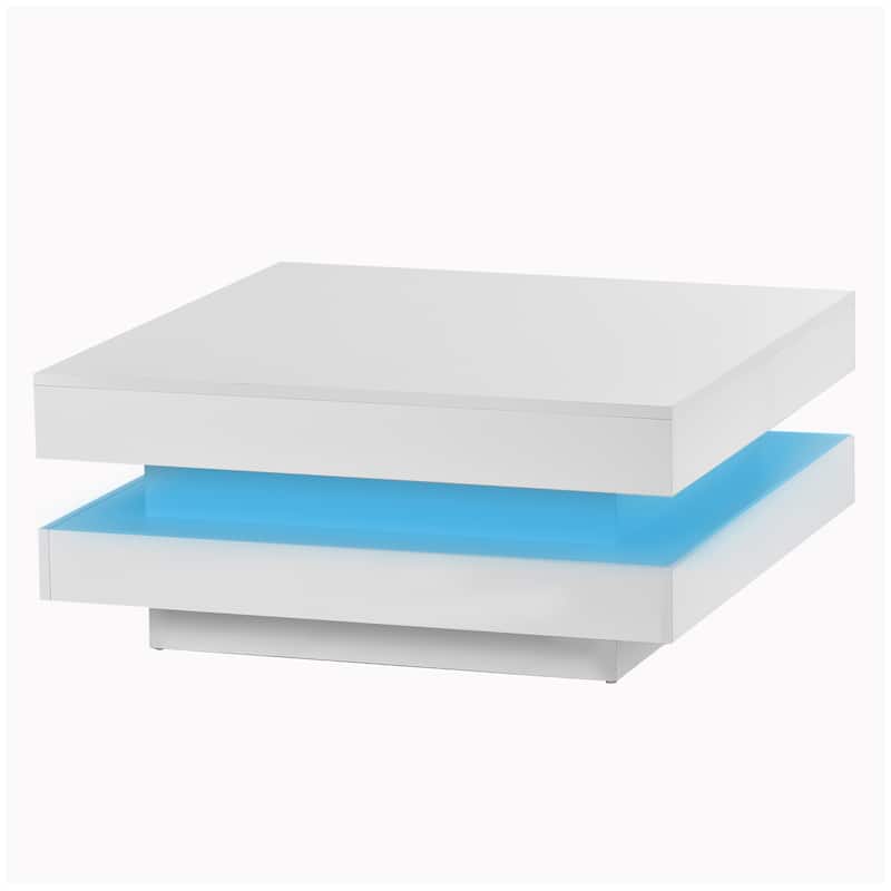 High Gloss Minimalist Design with LED Lights, 2-Tier Square Coffee Table, Center Table for Living Room - White