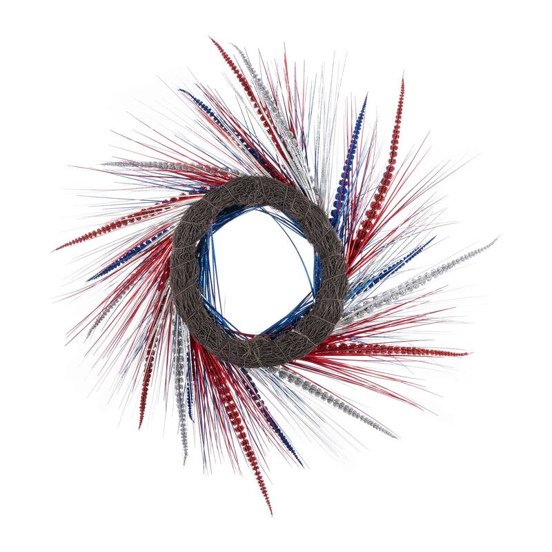 Glitzhome 24"D Patriotic/ Americana Tinsel and Heather Wreath