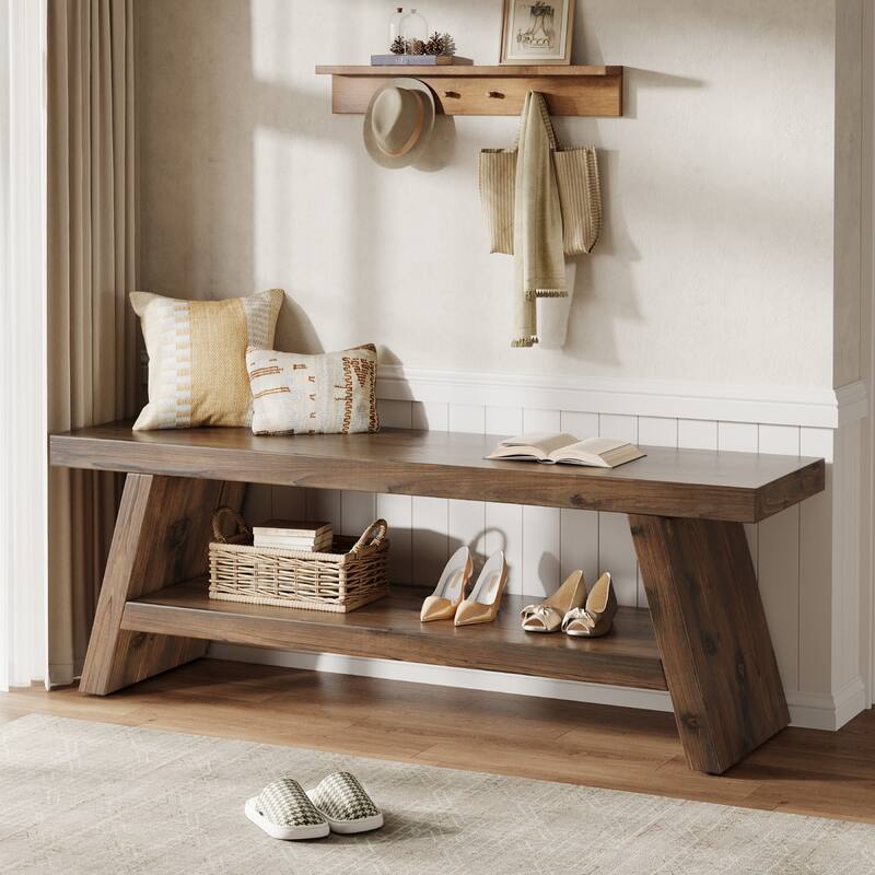 2 Tier Shoe Rack Bench for Entryway, Bedroom, Living Room, Solid Wood Bench Indoor with Storage Shelves