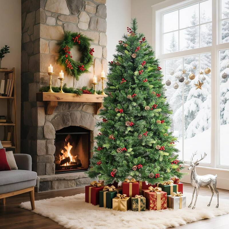 6 FT Prelit Christmas Tree with Pine Cones for Porch, Church, Office - 6FT
